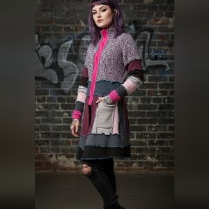 Vintage Knit Patchwork Cardigan Sweater Pink Red Gray Small